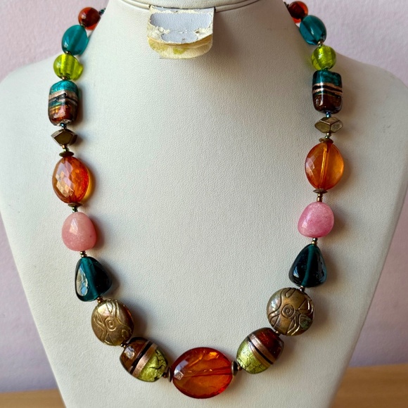 VINTAGE CHUNKY VIVID MULTI COLOR GLASS STATEMENT NECKLACE BRONZE COLOR METAL